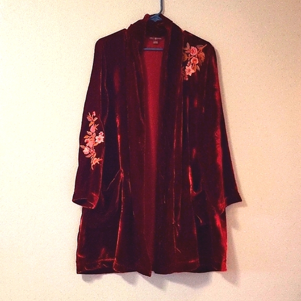 April Cornell Red Velvet Cardigan with Floral Embroidery